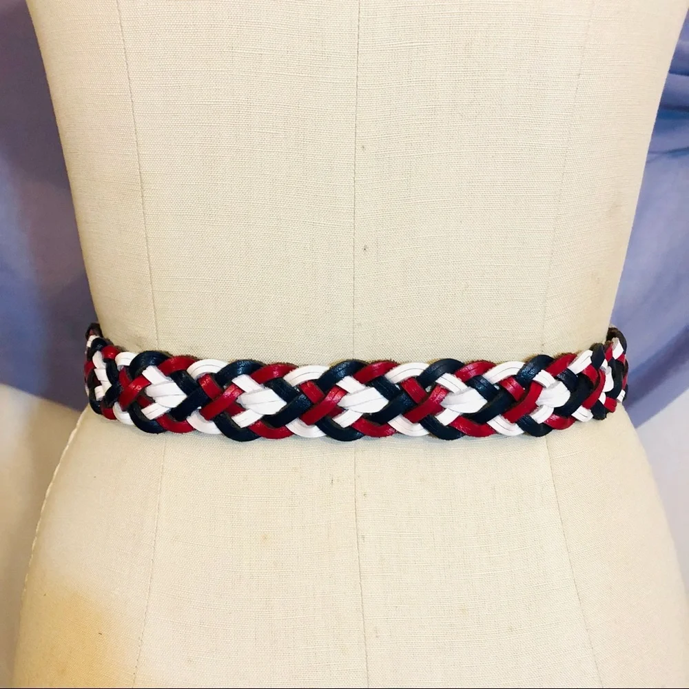 Vintage Y2K Genuine Leather braided woven adjustable belt blue red one size